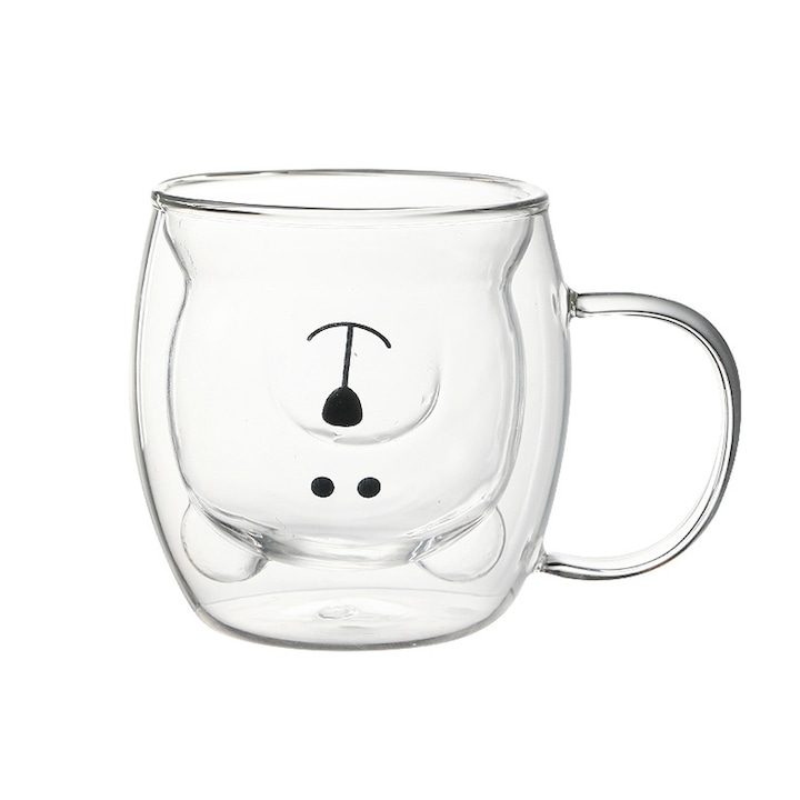 Duplafalú üvegbögre, Hggzeg, Fogantyúval, Ergonomikus, 250 ml, Hőálló, Medve mintás, Könnyen tisztítható, Robusztus és tartós, Teához és kávéhoz, Boroszilikát üvegből, 6 x 8,5 x 9,5 cm, Átlátszó