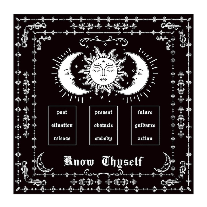 Свещено платно за таро и магически олтар, модел Know Thyself, подходящо за начинаещи таро, черно, 49x49 см