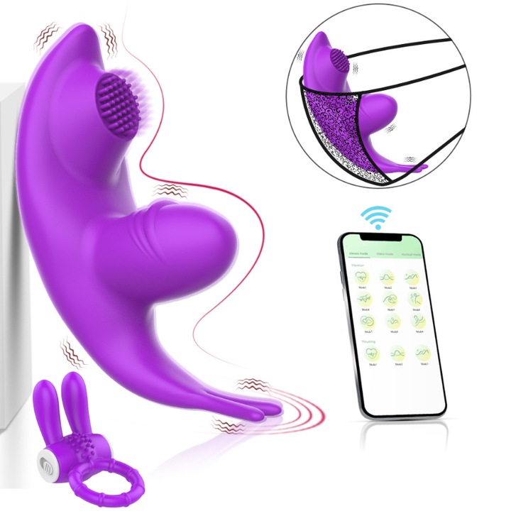 Bugyi vibrátor, MzcrJosv, 1 péniszgyűrű, kétrészes készlet, Erogén zóna stimuláció, alkalmazásvezérlés, 9 vibrációs mód, szilikon, vízálló, USB töltés, 11,2 cm, lila