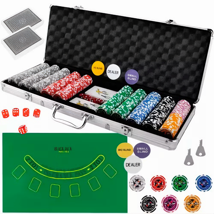 Deluxe XXL VarioShop® комплект за игра на покер, идеален за Texas Holdem с 500 чипа, включва 5 зара, 2 комплекта карти, оборудван със защитен алуминиев калъф, сребрист