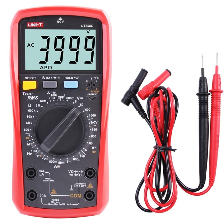 Multimetru Digital Profesional UNI-T UT890C, Tester, Voltmetru, Ampermetru, Ohmetru cu Contor RMS 6000, Test de Capacitate Polimerica si Masurare a Temperaturi cu Ecran LCD Iluminat
