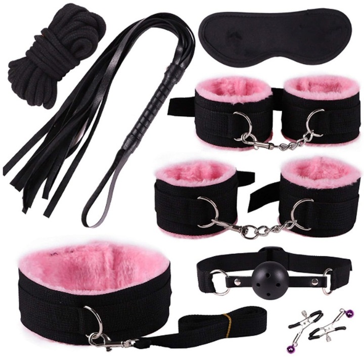 Set restrictii pentru cupluri, Jucarii Erotice, cu catuse pentru incheietura mainii si glezne ajustabil, roz/negru, 5.4x50cm