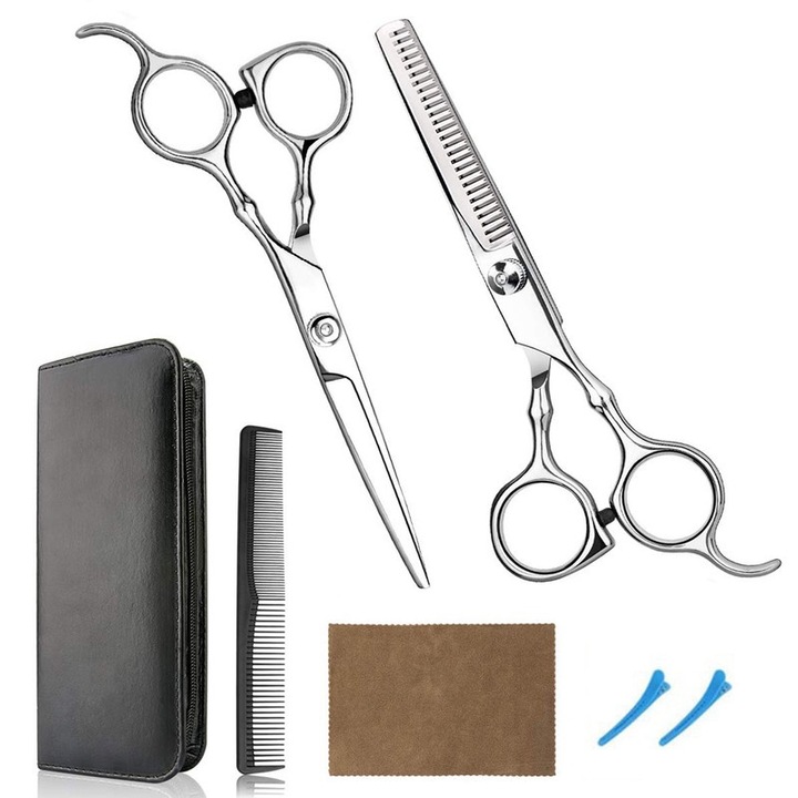 Set foarfece de tuns profesional, cu lama dreapta si texturata, ergonomic, argintiu, 17x6cm