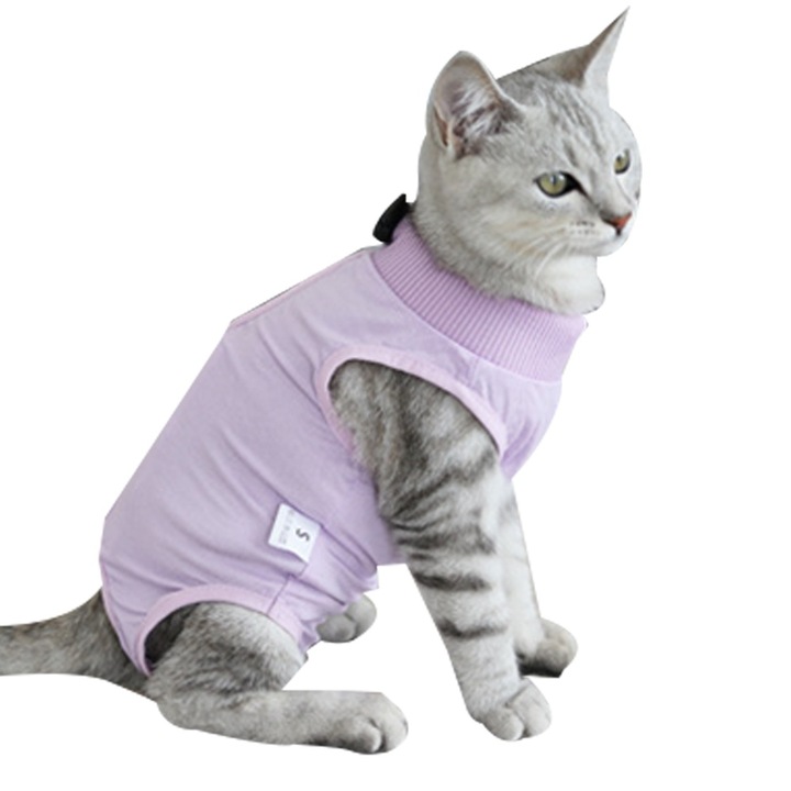 Costum de recuperare postoperatorie pentru pisici QttvbTna, elastic, respirabil, mov deschis, S