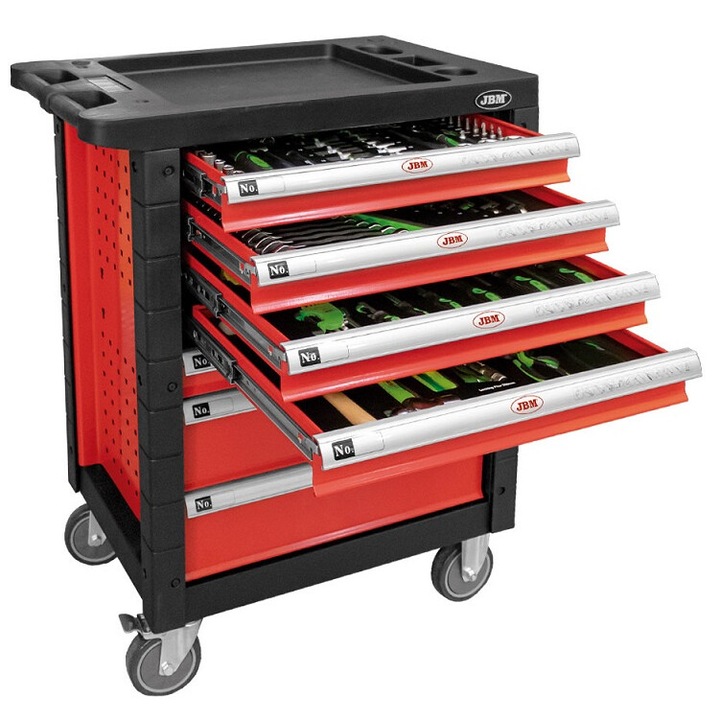 Dulap mobil pentru scule echipat cu 172 piese JBM, cu 7 sertare, roti transport, sistem inchidere centralizat, rosu