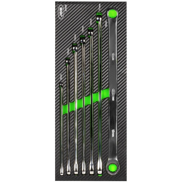 Set 7 chei inelare cu clichet JBM, deschidere chei 8-19 mm, lungime 23.5-42 mm, cromate, otel crom vanadiu, in modul spuma EVA cu fibra de carbon