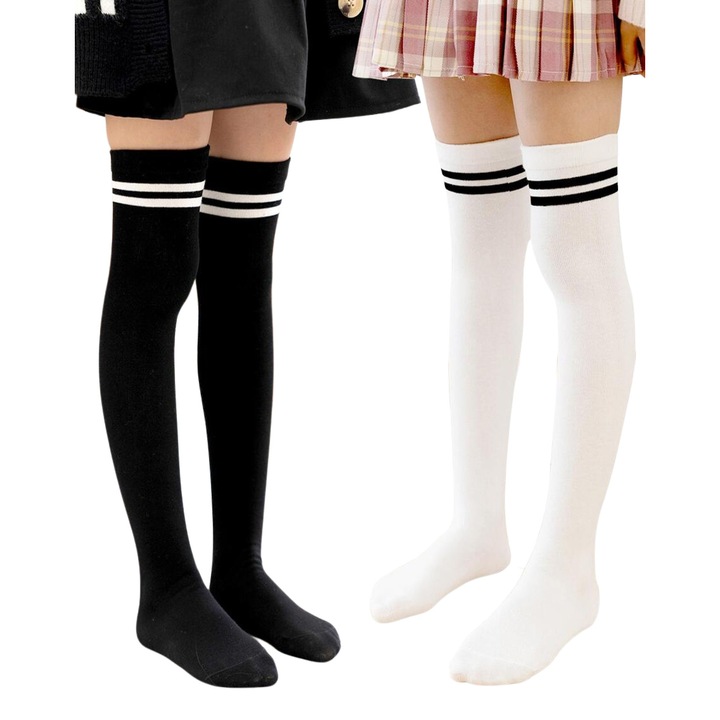 Set 2 sosete peste genunchi pentru fete, Bumbac, Alb si Negru, Marime Universala, Lungimea 56cm, elasticitate pana la 90cm, se scade talpa piciorului aproximativ 20cm