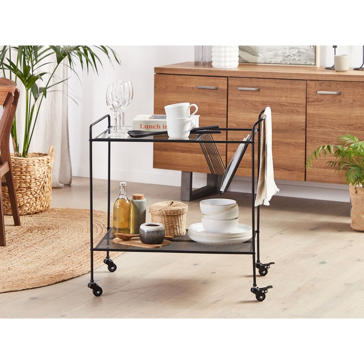 Konyhai Zsúrkocsi Fekete Fém 70 cm Edzett Üveglap Polccal És Görgőkkel Ipari Modern