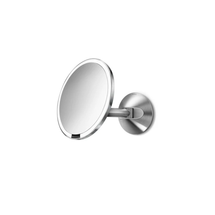 Oglinda cosmetica iluminata de perete Simplehuman, marire 5x, iluminare LED 600 lux, ajustare unghi, senzor touch, brat extensibil, inox