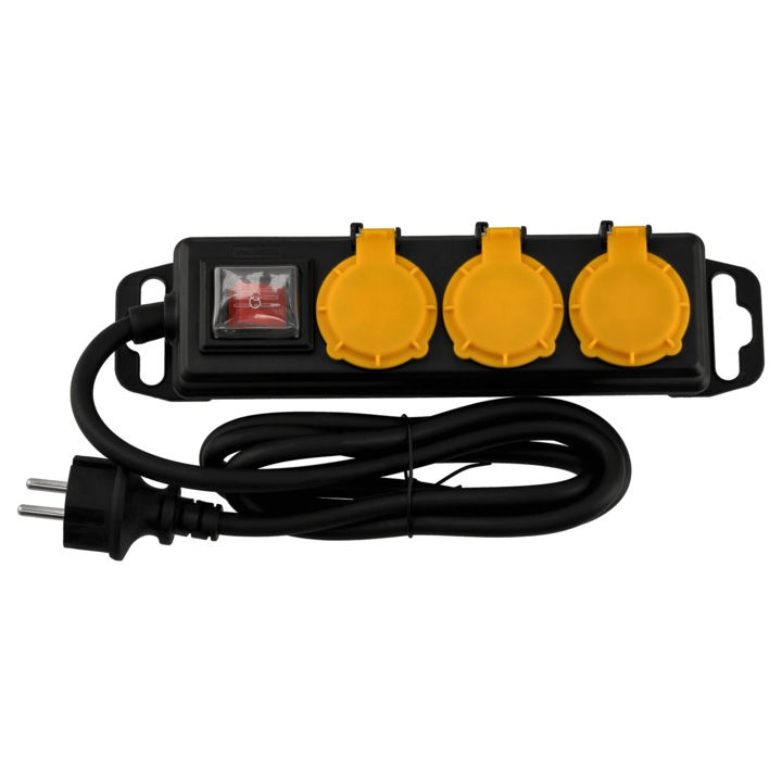 IP44 удължител с превключвател 1, 5 м, 3 x 230V захранващ контакт, черен