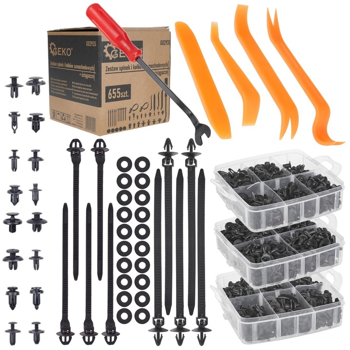 Autóklipsz készlet kárpitozáshoz, 655 elem, Geko G02935