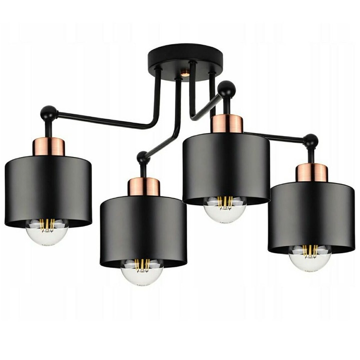Lustra cu 4 brate metalice, Zola, montare pe tavan, 230V, 60W, E27, negru