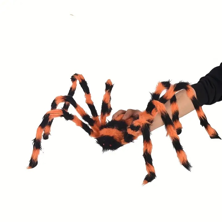 Halloween dekoráció, élethű nagyméretű pók 74cm, fekete-narancssárga