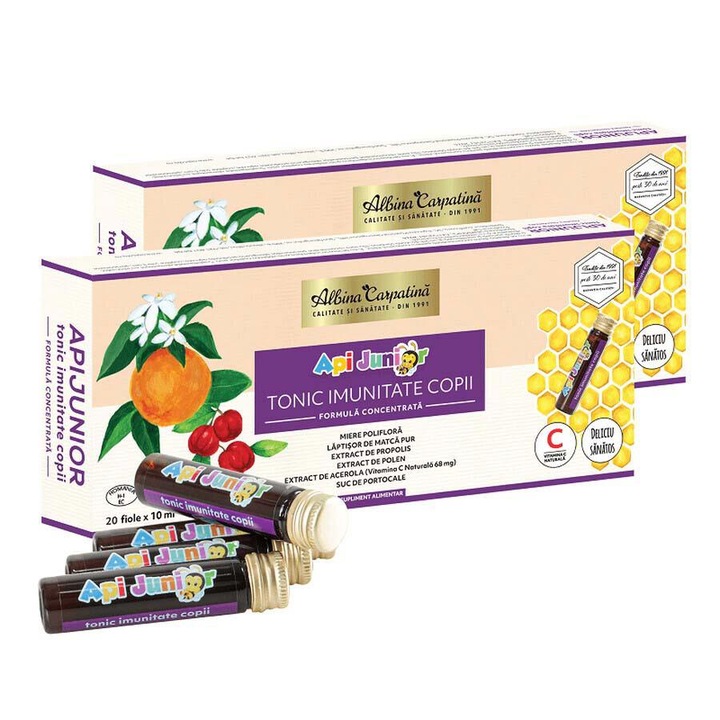 Pachet Apijunior Tonic imunitate copii, 20 + 10 fiole(Laptisor matca, propolis, polen, miere poliflora)