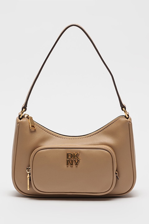 DKNY, Geanta din piele cu bareta de umar si buzunar exterior cu fermoar Philo, Bej deschis