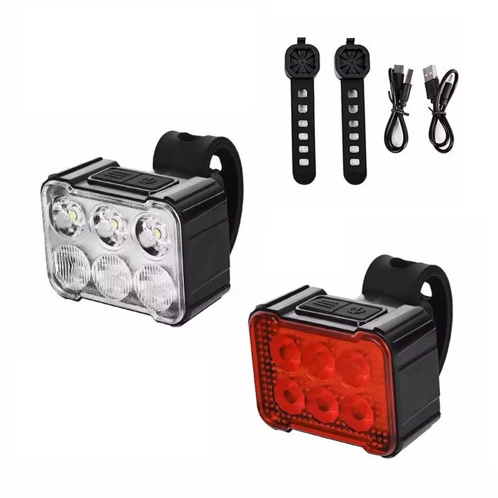 Комплект светлини за велосипед, преден и заден LED фар, 8 и 12 режима на осветление, 180 + 25 лумена, батерия 800 + 500 mAh, USB зареждане, универсално прилягане, включително тротинетка, електрически велосипед