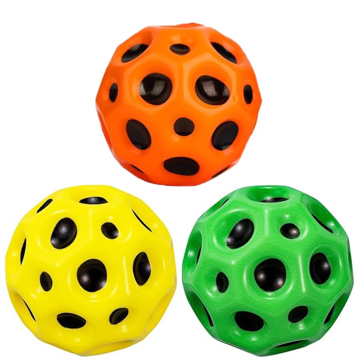 Set 3 Mingi Saltarete, Aurov®, Space Moon Ball, Bile saritoare Anti-stres, 7 cm, Multicolor