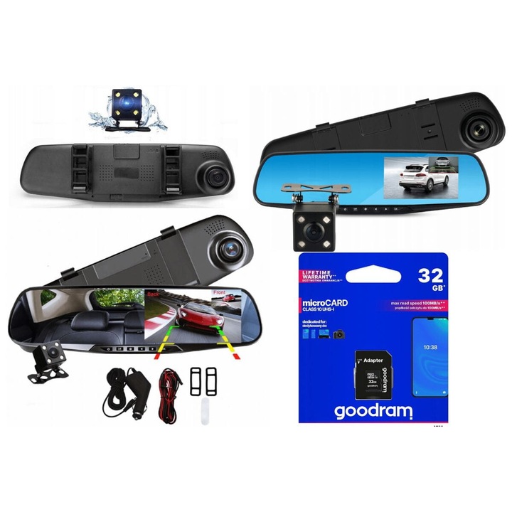 Set DVR auto TECHONIC cu camera frontala Full HD, camera de marsarier, viziune nocturna, G-sensor, ecran 4.3", montare pe oglinda