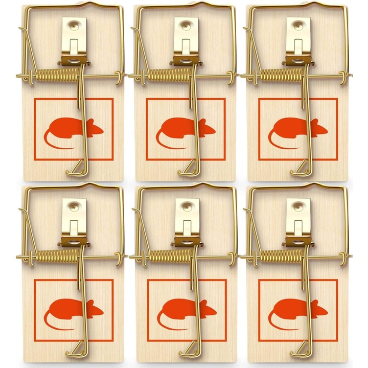 Capcana pentru Soareci, Sobolani si Rozatoare, Set de 6 Bucati, Lemn/Otel, 10 x 4.6 x 0.5 cm