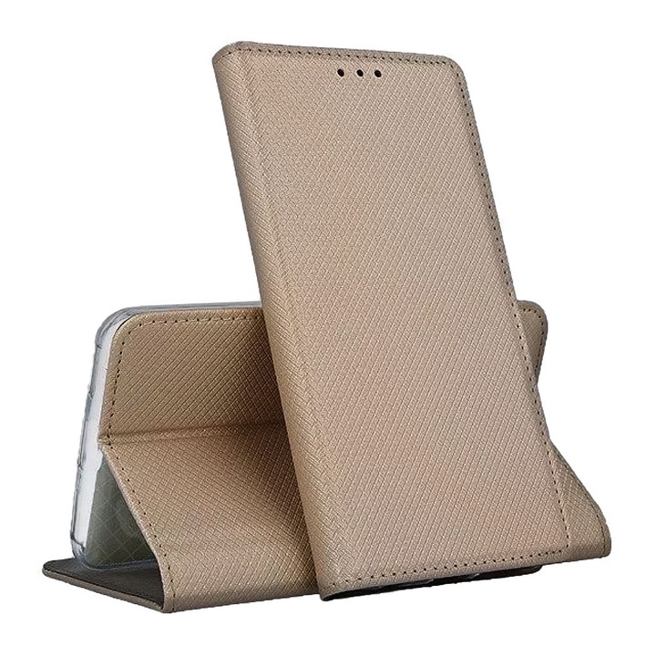 Samsung Galaxy S25+ / S25 Plus készülékkel kompatibilis bőr kihajtható tok, Texture Design, Optim Protect mágneses zárással, Smart Soft Close, könyvtípus, pénztárca zseb, arany