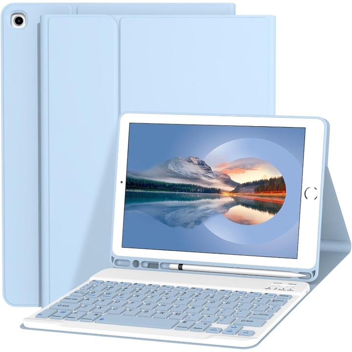 Tastatura pentru tableta，Apple iPad 10.2 inch Keyboard Case, compatibil cu iPad pro10.5/Air3/10.2 Generatia a 7-a 2019 / Generatia a 8-a 2020 / Generatia a 9-a 2021, fara fir, Bluetooth, iluminat cu LED-uri, cer albastru