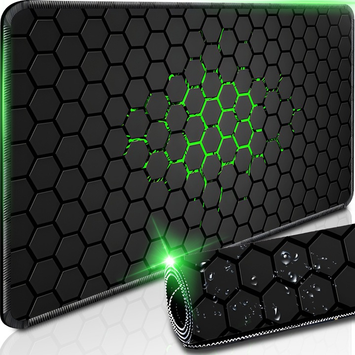 Mousepad pentru Gaming Retoo HEX cu Baza Cauciucata si Margini Protejate, 900x400x3mm, Antiderapant, Impermeabil, Negru-Gri-Verde