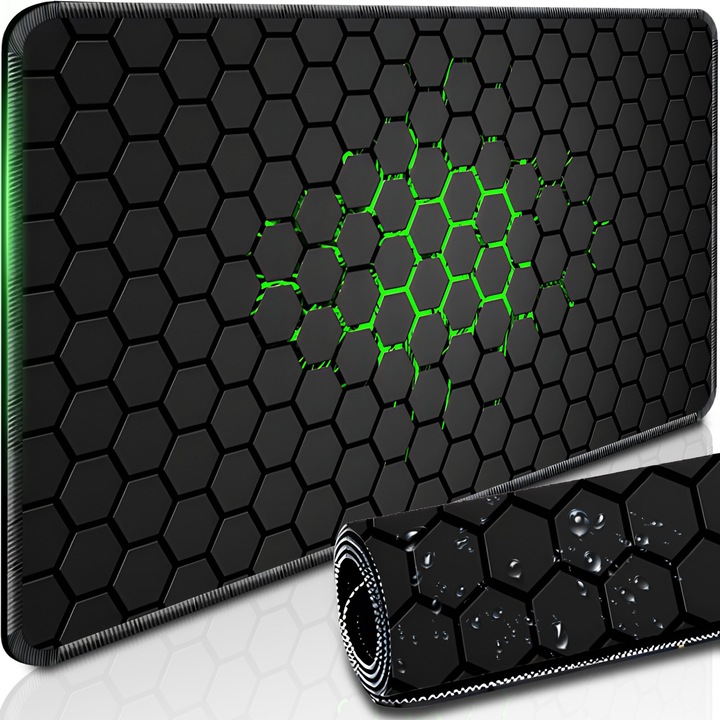 Mousepad pentru Gaming Retoo HEX cu Baza Cauciucata si Margini Protejate, 900x400x3mm, Antiderapant, Impermeabil, Negru-Gri-Verde