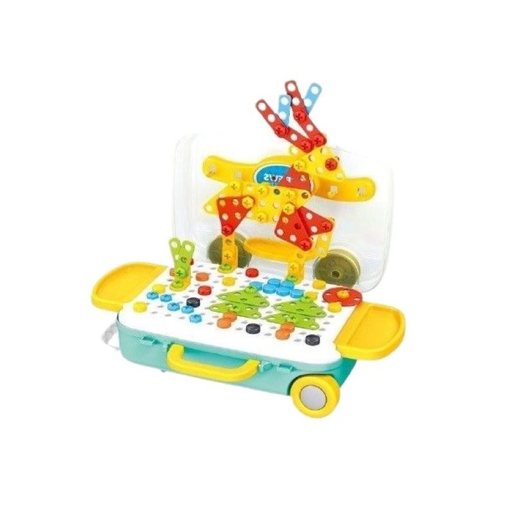 Jucarie multifunctionala eMazing, set 258 piese, cu 6 configuratii diferite, valiza cu bormasina, multicolor