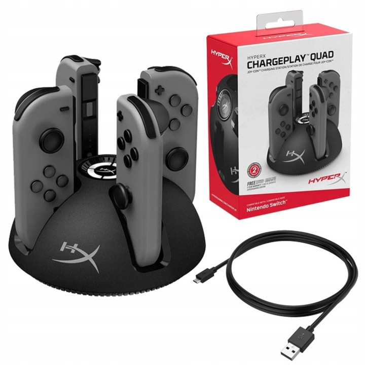 Statie de incarcare 4 in 1 pentru Joy-Con, HyperX, Incarca pana la patru controllere Joy-Con simultan, Indicatori de baterie pentru verificarea rapida a starii de incarcare, Conectare sigura si usoara, Design stabil cu baza cu greutate, Negru