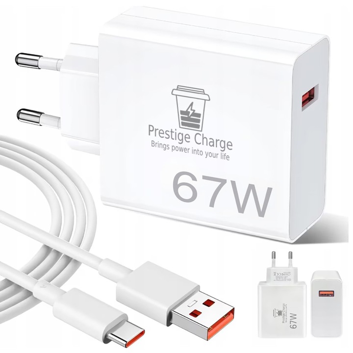 Incarcator TurboCharge 67W, PRESTIGE CHARGE®, pentru Xiaomi, RedMi, inclus cablu 6A, USB la USB-C, transfer date si incarcare, 2m