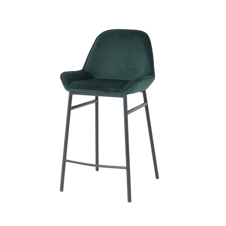 Scaun de bar cu cadru metalic fix si sezut textil din catifea de culoare verde smarald, 52x49x94.5 cm