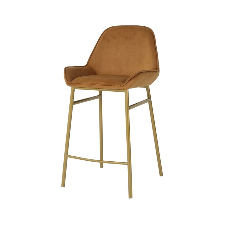 Scaun de bar cu cadru metalic fix si sezut textil din catifea de culoare taupe, 52x49x94.5 cm