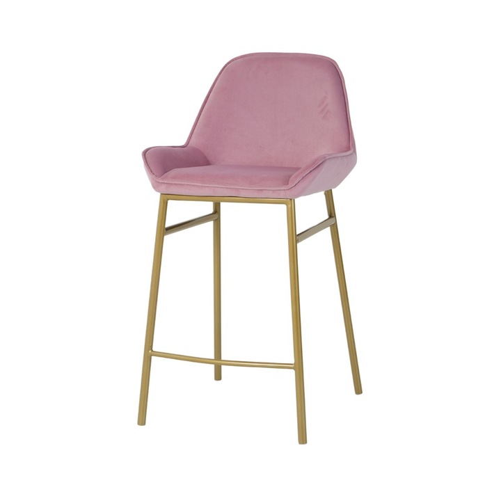 Scaun de bar cu cadru metalic fix si sezut textil din catifea de culoare roz prafuit, 52x49x94.5 cm