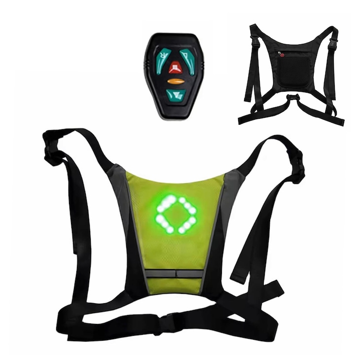 Vesta reflectorizanta bicicleta cu lumina LED si telecomanda, bretele ajustabile, ciclism, alergare, nylon, material tesatura Oxford, rezistenta la apa