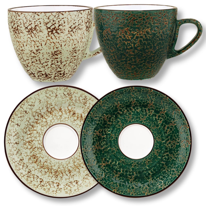 Set cesti cafea lux, Portelan, Fistic/Verde, 75 ml, 2x Ceasca + 2x Farfurie elegante, cesti espresso, cafea, Colorboom, Wilmax England