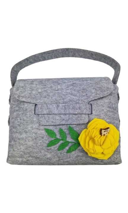 Különleges táska, filc sárga virággal, 25 cm