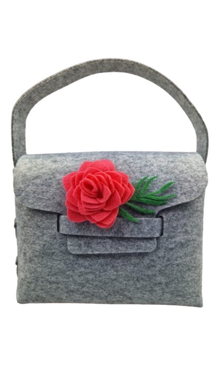 Elegáns szürke táska rózsaszín virággal, 25 cm