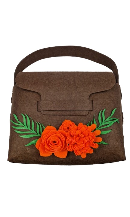 Gyönyörű barna filctáska narancssárga virágokkal, 25 cm
