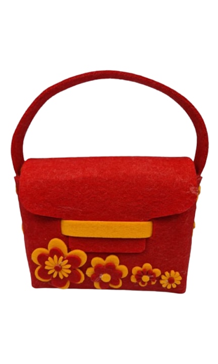 Speciális piros filctáska narancssárga virágokkal, 21 cm