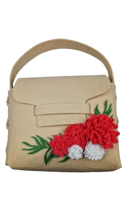 Filc táska, rózsaszín és fehér virágokkal, krém színű, 25 cm