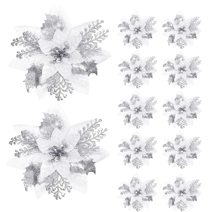 Set 36 Flori pentru Brad, AMRINUGL, matase/plastic, 14cm, argintiu/alb