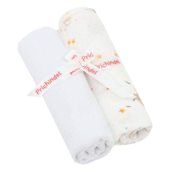 Set 2 scutece, muselina si finet, ursulet koala si stelute, alb, 80 x 67 cm