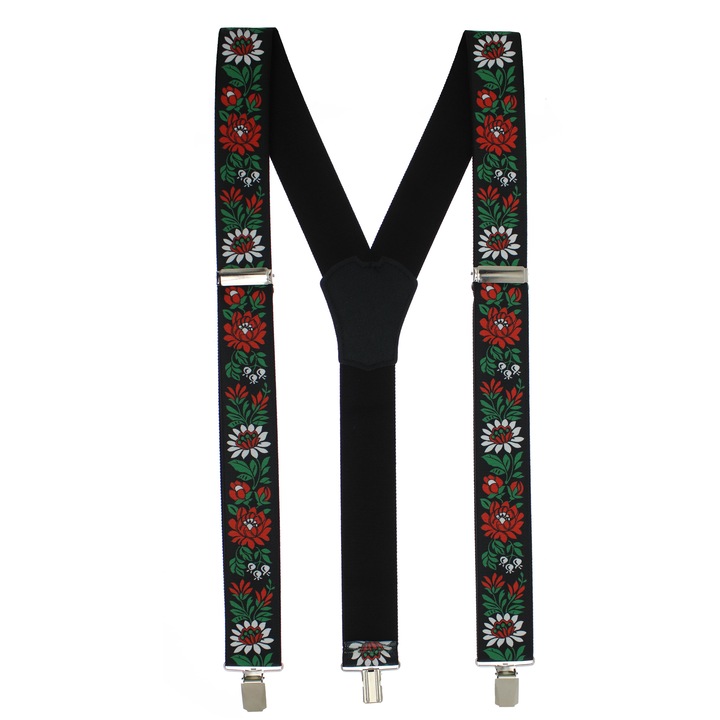 Тиранти, ButicCochet, синтетичен материал, с метални закопчалки, 40 мм, флорален десен, черен - BR495