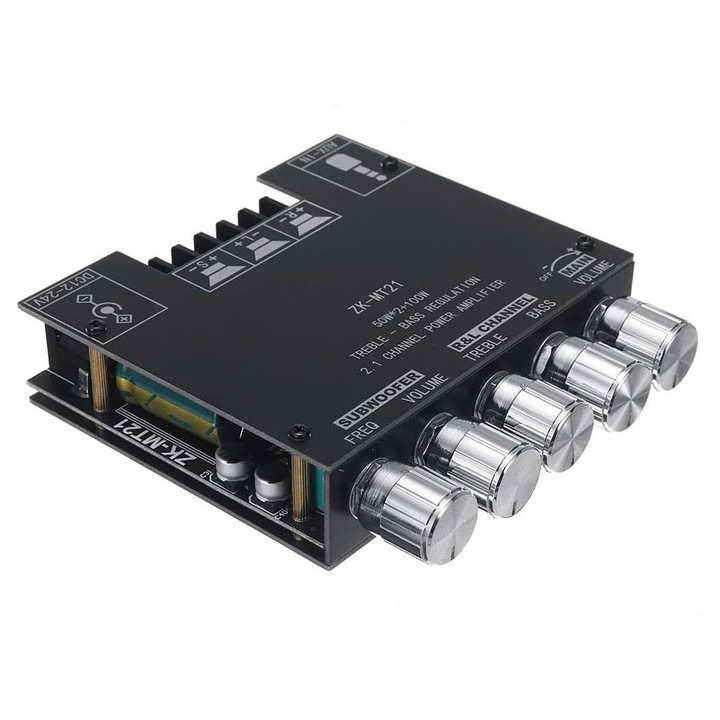 Аудио усилвател, 50WX2+100W, DC 12 - 24V, 2.1 канала, BT5.0 AUX модул Аудио вход, Субуфер, Изход за ляв и десен канал, OUYLAF, Черен