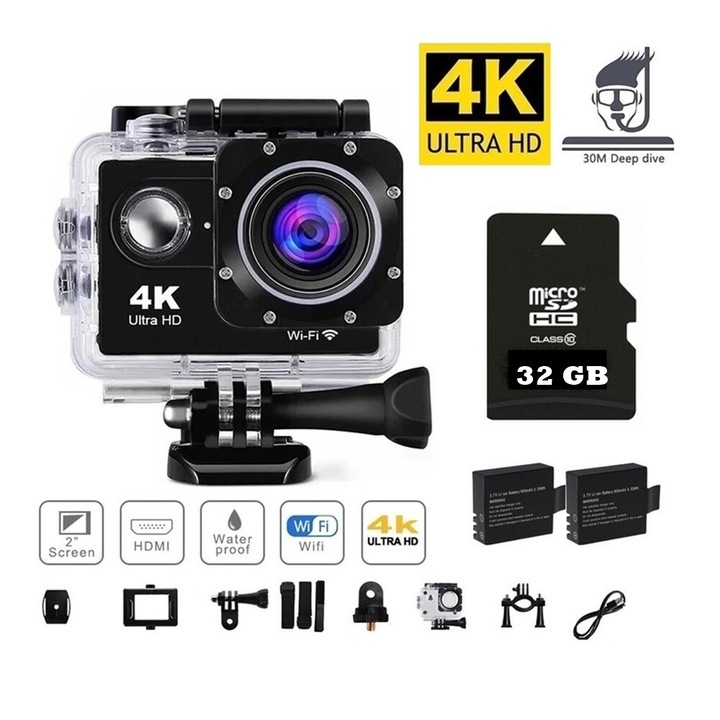 Спортна видеокамера 1TECH GoPlus CamPro 2, Две батерии, Карта памет 32GB, WIFI, 170 градуса, HDMI, Аксесоари, Черен