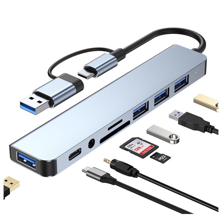 USB хъб 8 в 1, алуминий, Type-C / USB 3.0, четец на карти TF/SD, жак 3,5 мм аудио порт, 480 Mbps, 5 Gbps, съвместим с MacBook лаптоп, компютър, OUYLAF, сребрист
