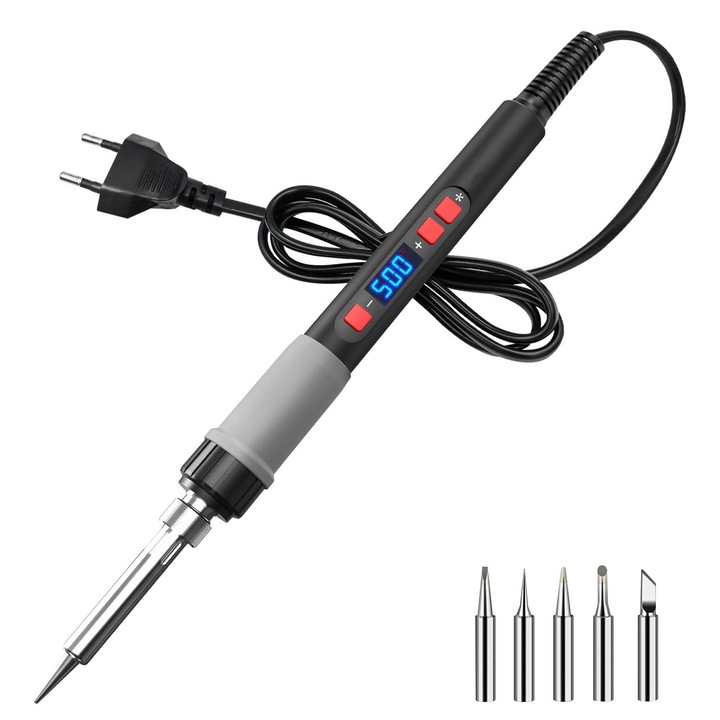 Pistol de lipit portabil, temperatura 180°-500°, 5 capete de lipit, putere 80 W, temperatura reglabila, display LED, YQLAFT, Negru