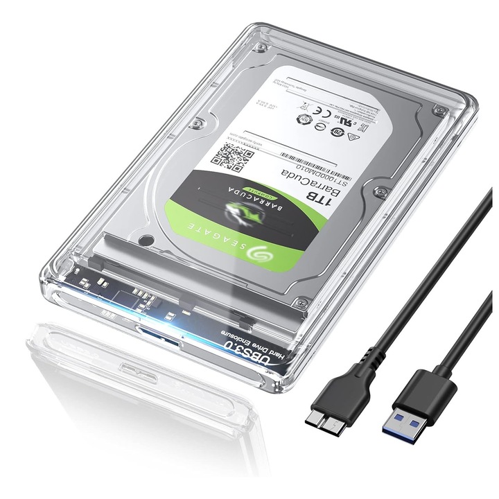 OUYLAF, Външен шкаф за HDD/SSD 2.5 инча, USB 3.0, SATA, 5Gbps, капацитет до 4TB, Transparent