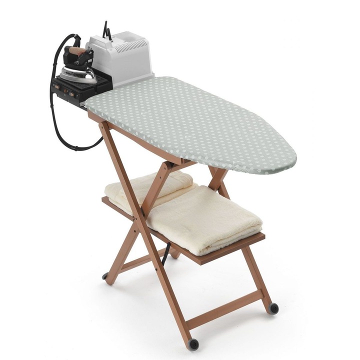 Дъска за гладене Arredamenti Italia с рафт, 108x45 см, сгъваема, система Easy-Open, структура от бук, регулируема височина, стойка за дрехи, плъзгаща се опора за ютия, топлоустойчив памучен материал, неплъзгащи се крачета, черешово дърво