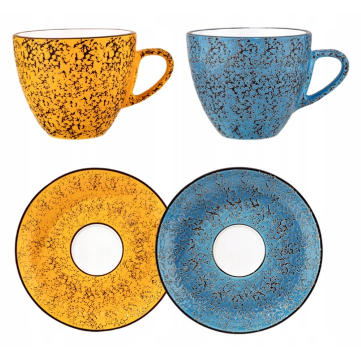 Set cesti cafea lux, Portelan, 300 ml, 2x Ceasca + 2x Farfurie elegante, cana pentru cafea, ceai, cappuccino, Galben/Albastru, Colorboom, Wilmax England